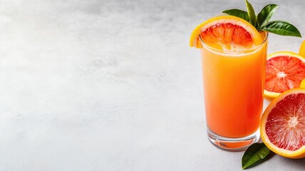 Wall Mural - Glass of freshly squeezed orange juice with sliced oranges on white background