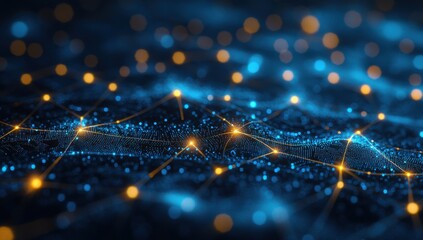 Poster - Abstract digital landscape with glowing points of light and interconnected lines illustrating modern technology and data transmission in a futuristic style