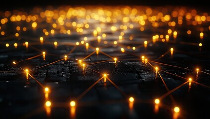 Poster - Abstract digital network with glowing connections and nodes representing data flow and technology advancement in a futuristic landscape
