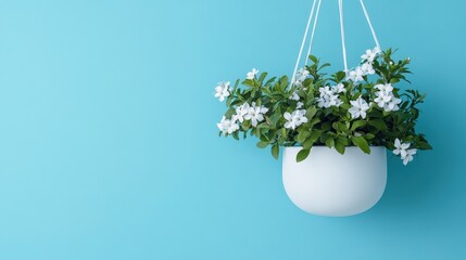 Wall Mural - White Flowers in Hanging White Pot Against Blue Background