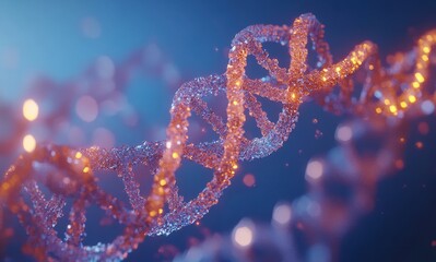 Poster - Abstract representation of a DNA double helix structure illuminated with glowing particles, illustrating the complexity and beauty of genetic material in scientific research