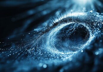 Poster - Abstract representation of an eye with swirling blue particles and glowing light, symbolizing perception, vision, and the exploration of focus in the universe and consciousness