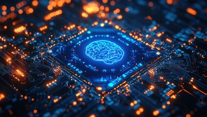Poster - Abstract representation of artificial intelligence concept with a glowing brain integrated into a technological circuit board, showcasing intricate details and vibrant colors