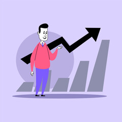Poster - businessman giving presentation vector illustration. bar chart with arrow up on background. business