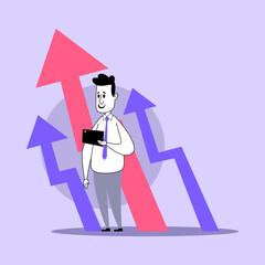 Poster - businessman using tablet to study financial reports vector illustration. huge business diagrams on b