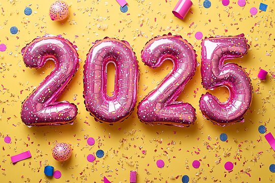 Happy New 2025 Year. Realistic 3d pink helium balloon numbers. Vector
