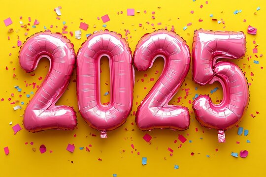 Happy New 2025 Year. Realistic 3d pink helium balloon numbers. Vector
