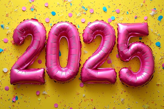 Happy New 2025 Year. Realistic 3d pink helium balloon numbers. Vector
