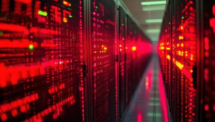 Aufkleber - Abstract view of a modern server room filled with bright red illuminated data servers, showcasing advanced technology infrastructure and cyber security concepts for IT professionals.