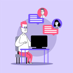 Poster - Man in glasses having video call with colleagues vector illustration. Manager discussing project with team. Business, video conference, teamwork, modern technology concept