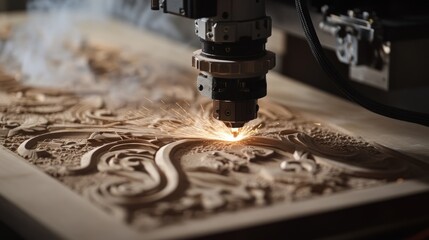 Automated cnc woodworking machine precisely carving an ornate design into a wood panel, generating sparks and smoke as it creates intricate artwork