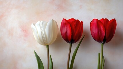 Wall Mural - Three tulips, white and red, against pastel background