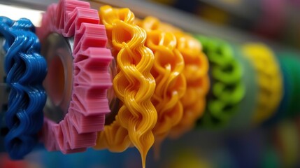 Poster - 3d printer is extruding colorful thermoplastic filaments, creating wavy and intricate shapes, showcasing the additive manufacturing process