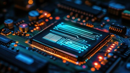 Poster - Close-Up of a High-Tech Microchip Surrounded by Circuits and Illuminated Elements, Showcasing Advanced Electronic Technology and Innovative Design in a Dark Setting