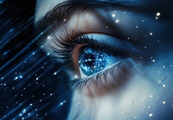 Poster - Close-Up of a Human Eye with Futuristic Digital Elements Representing Technology, Connectivity, and Innovation in a Dark Starry Background