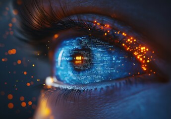 Poster - Close-Up of a Human Eye with Vibrant Digital Effects and Glowing Data Symbols Representing Technology and Innovation in Cybersecurity and Artificial Intelligence