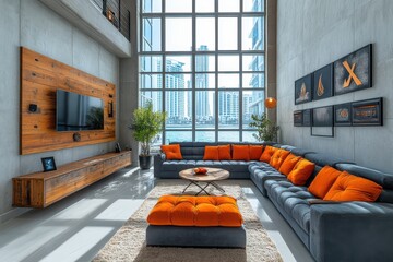 An elegant living room in Dubai, featuring sleek modern furniture with plush velvet sofas and armchairs, adorned with orange pillows. 