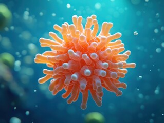 Poster - Close-up of a Vibrant Orange Microorganism in a Blue Aquatic Environment Highlighting the Intricate Details and Textures of Its Unique Structure