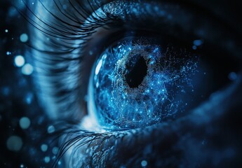 Poster - Close-Up of Human Eye with Futuristic Digital and Cosmic Elements Showcasing Connection Between Technology, Nature, and Vision in Captivating Blue Tones