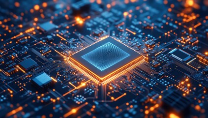 Poster - Close-Up View of a Futuristic Microchip Surrounded by Circuitry and Data Flow in a High-Tech Environment, Representing Advanced Technology and Innovation
