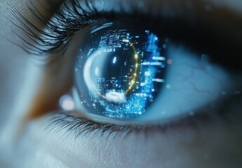 Poster - Close-Up View of a Human Eye Reflecting Digital Data and Urban Landscape, Symbolizing Connection Between Technology and Humanity in Modern Society
