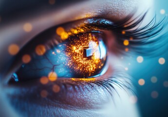 Poster - Close-Up View of a Human Eye with Digital Elements and Bokeh Lights, Representing Technology and Future Concepts of Vision and Perception
