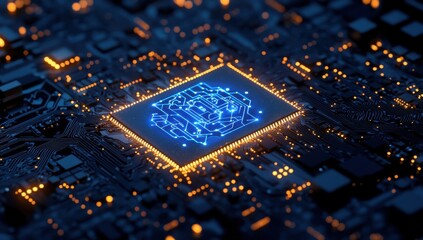 Aufkleber - Close-Up View of a Modern Computer Chip with Intricate Circuit Designs and Glowing Blue Connections on a Dark Electronic Background