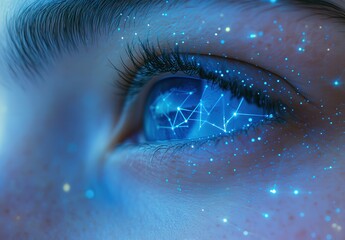 Poster - Close-up View of Human Eye with Digital Network Graphics, Symbolizing Vision, Technology, and Connectivity in a Futuristic Concept of Data Analysis and Information Flow