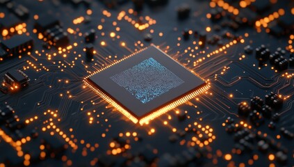 Poster - Close-Up View of Modern Microprocessor on a Circuit Board with Bright Neon Lights Highlighting Complex Electronic Pathways and Connections