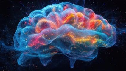 Poster - Colorful Abstract Brain Visualization with Neon Lights and Energetic Swirls, Representing Thought, Creativity, and Cognitive Processes on a Dark Background
