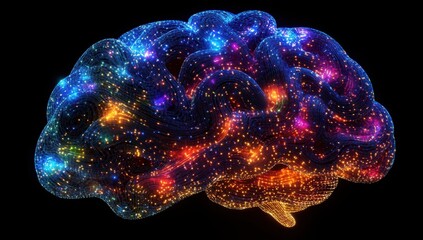 Poster - Colorful Abstract Representation of a Brain with Glowing Lights and Patterns, Symbolizing Cognitive Function, Creativity, and Mental Processes in a Digital Universe