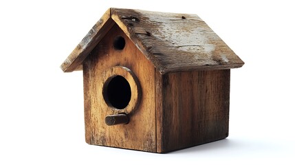 Wall Mural - Studio photograph of a wooden birdhouse isolated on white, showcasing its craftsmanship and detailed textures in high-definition.