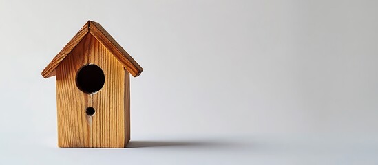 Studio photograph of a wooden birdhouse on a clean white backdrop, highlighting its natural wood patterns and high-definition clarity.