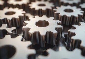 Poster - Detailed Close-Up of Metallic Gears in a Mechanism Representing Industry, Engineering, and Innovation with Shiny Texture and Depth of Field Effects