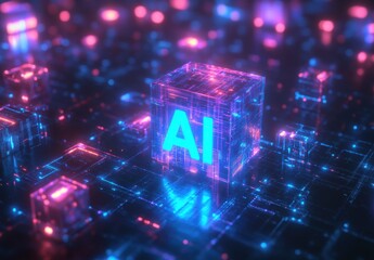 Poster - Digital Representation of Artificial Intelligence in a Futuristic Data Environment with Vibrant Colors and Abstract Cube Structures Illuminating the Scene