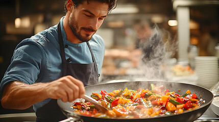 Wall Mural - Focused Male Chef Stir-frying Colorful Vegetables in a Large Wok in a Busy Restaurant Kitchen