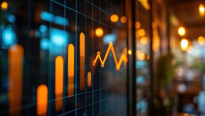 Poster - Dynamic Financial Graph Displaying Rising Trends with an Abstract Bokeh Background of Warm Lights and Modern Workspace Ambiance