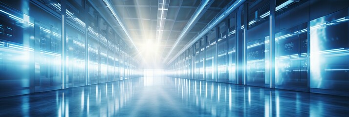 Poster - Illuminated corridor in a high-tech data center showcasing futuristic design. Generative AI