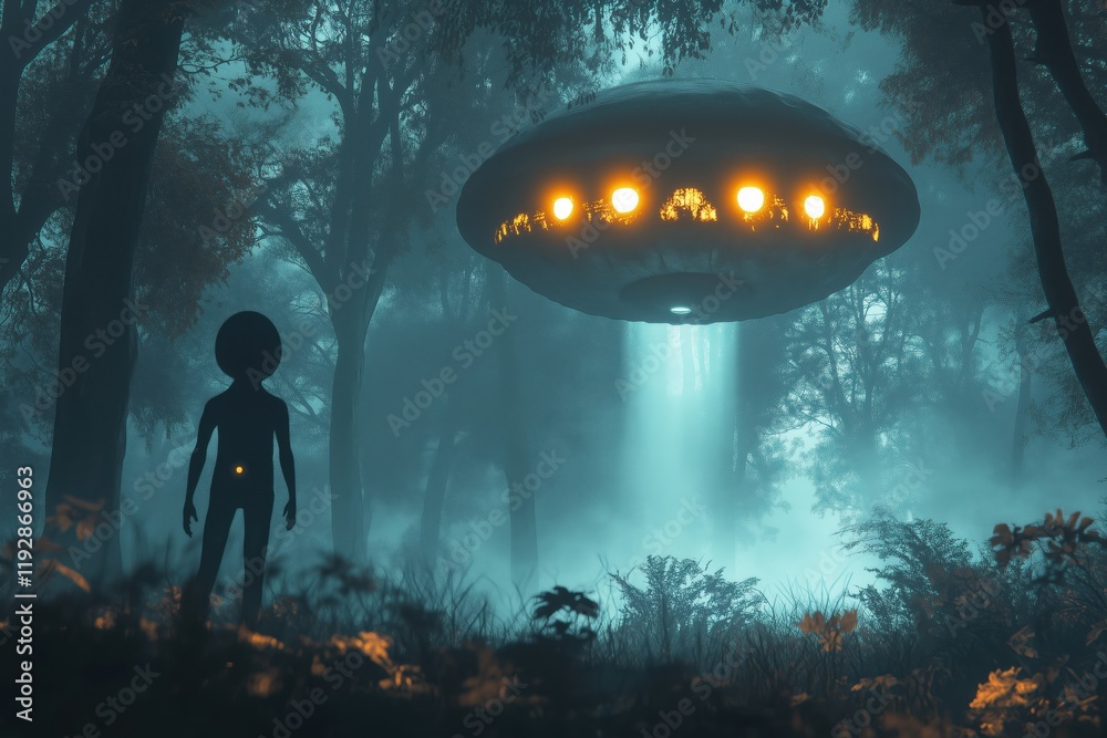 Mysterious encounter in a foggy forest with a spaceship and alien under ...