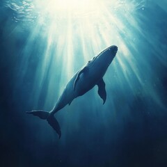 Aufkleber - Majestic whale swimming gracefully in deep ocean water illuminated by sun rays. Generative AI