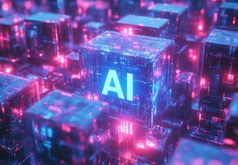 Poster - Futuristic Abstract Visualization of Artificial Intelligence Concept with Glowing Cubes Representing Technology and Data in a Digital Environment