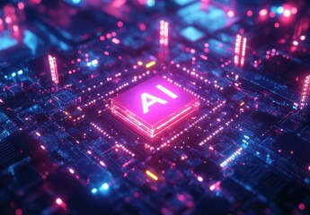 Poster - Futuristic AI Chip on a Circuit Board with Neon Lights and Data Flow Representing Technology Advancement and Innovation in Electronic Systems