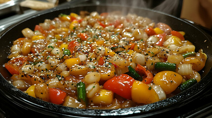 Wall Mural - Savory Stir-fry with Colorful Peppers and Onions in a Rich Sauce