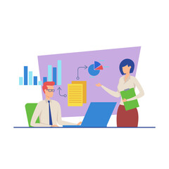 Poster - Business leader and his female assistant vector illustration. Man working on laptop, woman with clipboard standing nearby, financial diagrams on background. Business, finance concept