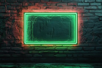 Neon frame illuminated on a textured brick wall at night creating a vibrant atmosphere