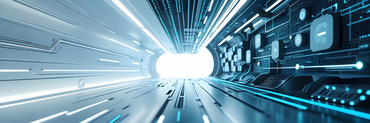Poster - Futuristic tunnel, glowing circuits, bright exit, digital background, tech website banner