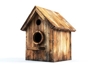 Wall Mural - Studio shot of a wooden birdhouse, isolated on white, capturing its craftsmanship and detailed wood textures in high-definition.