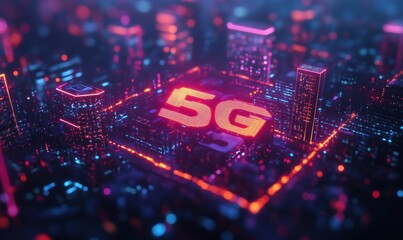 Poster - Futuristic Cityscape with Neon Lights Showcasing 5G Technology Concept in a Digital Landscape of Tall Buildings and Glowing Elements