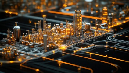 Poster - Futuristic Cityscape with Urban Buildings and Illuminated Grid Design in Metallic Finish, Representing Advanced Technology and Modern Architecture