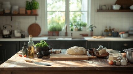 Aufkleber - Rustic kitchen layout featuring fresh ingredients with dough and cooking tools at a busy cooking time. Generative AI
